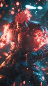 Flaming red haired fighter stands tensed in glowing embers