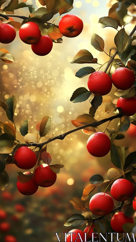Digital painting of sunlit apple branches with bokeh field.