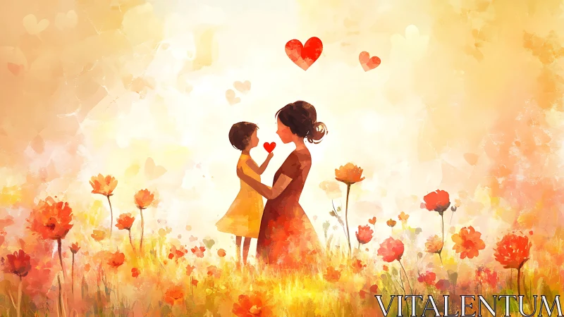 Adult and Child with Red Heart in Flower Field