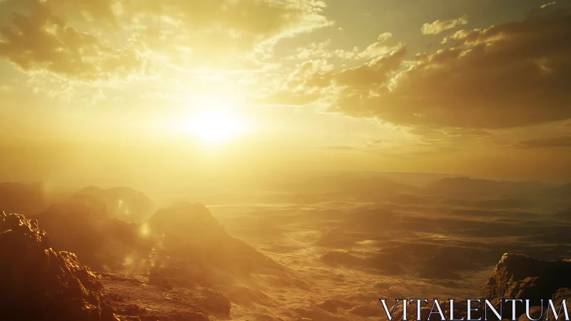 Sunlit rocky basin extends under low clouds and hazy sky