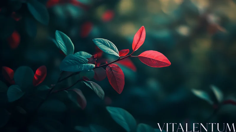 Red leaves on branch in soft focus nature photography style.