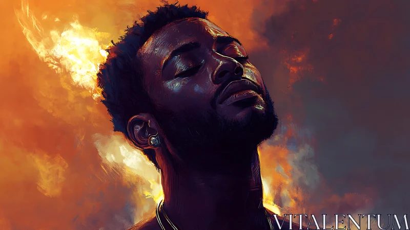 Serene portrait of a man glowing against fiery twilight skies