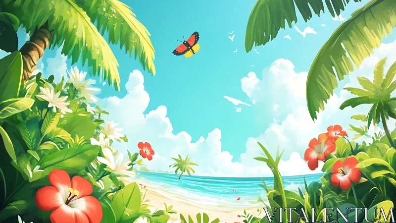 Tropical Beach Ecosystem: Botanical Frame Composition Featuring Pollinators.