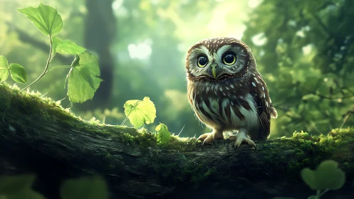 Adorable baby owl on mossy branch in enchanted forest, digital art.