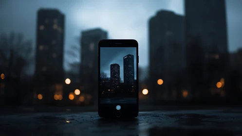 Smartphone framing city skyline at dusk with bokeh lights