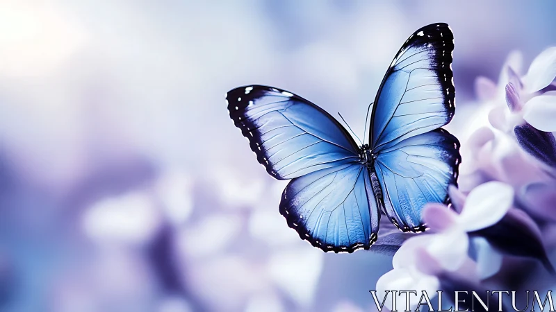 Blue butterfly on lilac flowers in soft pastel light.