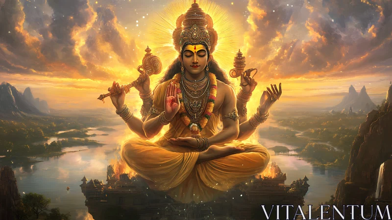 Radiant multi-armed deity levitates above riverine temples at sunset