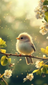 Small songbird on flowering branch in soft spring light.