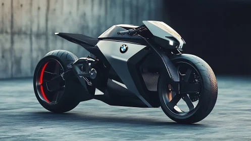Futuristic BMW concept motorcycle in minimal urban setting.