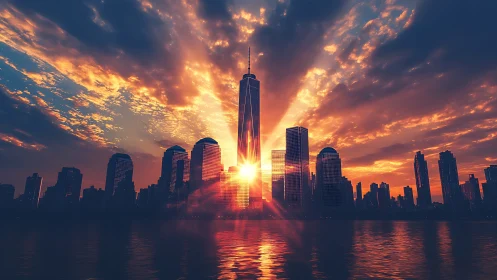 Sunset light behind central tower in dense city skyline.