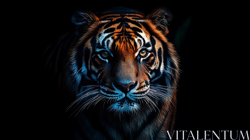 Tiger face rendered with high contrast blue and orange lighting