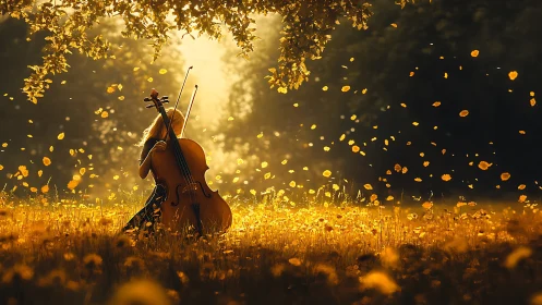 Cello hymns in a golden meadow of drifting petals at dusk.