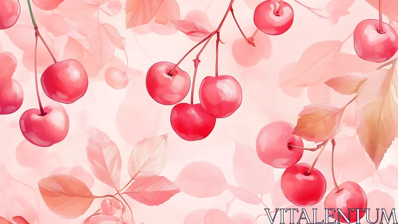 Soft pink cherries float in a dreamy watercolor haze