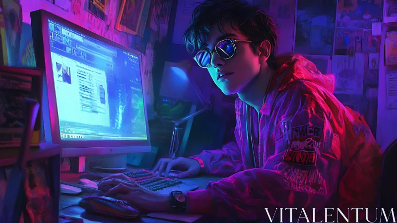 Neon-lit digital artist at CRT workstation under cyberpunk hues