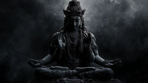 Serene dark deity in swirling meditative moonlit haze.