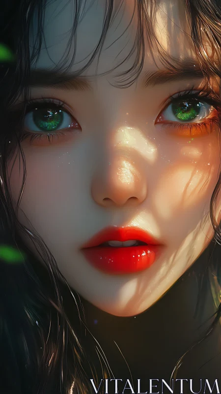 Hyperreal close-up portrait renders luminous eyes and lips