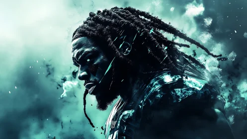 Digital warrior portrait in teal smoke and shattered light.