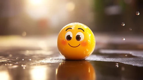 Smiling yellow emoji ball on wet reflective street surface.