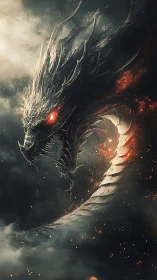 Volcanic dragon rendered in high-contrast, ember-lit chiaroscuro curling