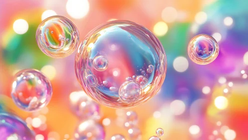 Prismatic soap bubbles drifting through dreamy bokeh light.