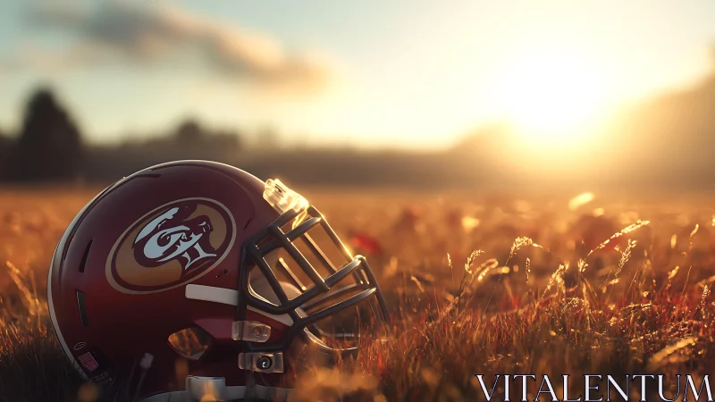 Football helmet resting in golden field under sunset glow