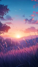 Sunset over distant hills and grassland in stylized view.