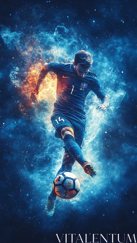 Soccer player kicks glowing ball through fiery cosmic smoke