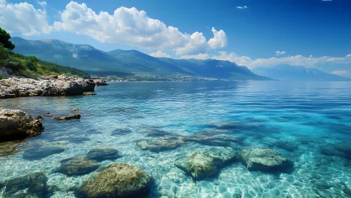 Glass-clear lagoon daydreams flirt with distant blue mountains