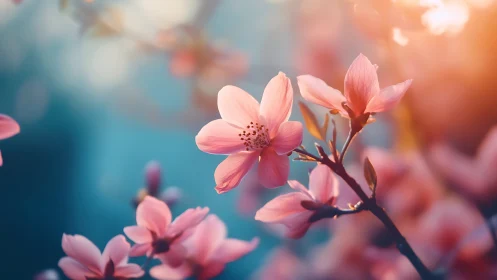 Delicate pink blossoms in soft focus with warm golden backlighting
