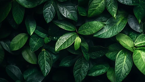 Lush Green Leaves with Water Droplets, Nature Macro Photography.