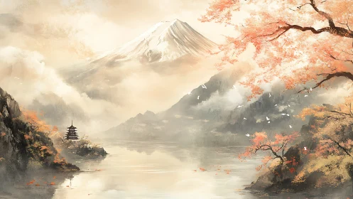 Mist-kissed mountain lake cradling a quiet autumn pagoda.