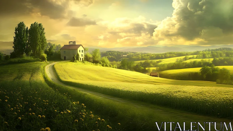 Sun-soaked hillside cottage adrift in rolling emerald fields.