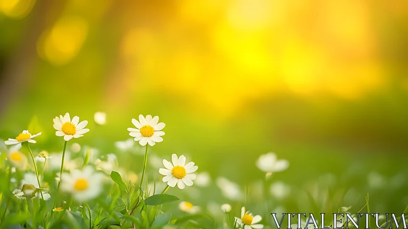 Field of white and yellow daisies with shallow depth of field