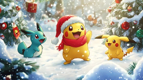 Festive Pikachu Christmas scene in snowy forest clearing.