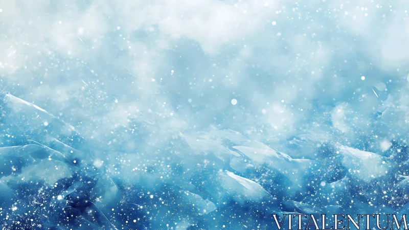 Glacial blue landscape dissolves into swirling snow haze