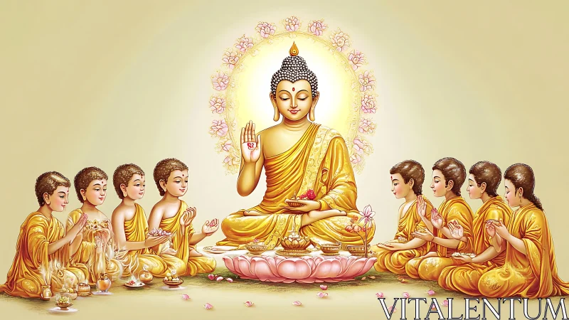 Golden Buddha instructs young monks in symmetrical devotional circle