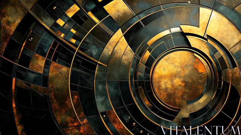 Concentric metallic circles form a geometric abstract structure