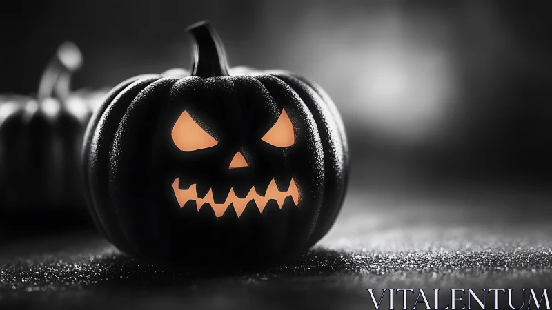 Black jack-o’-lantern glows in eerie monochrome mist.