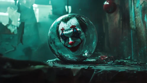 Grinning clown orb haunts a ruined neon alleyway nightscape.