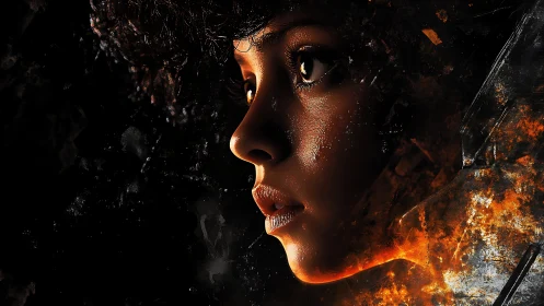 Cybernetic pilot portrait in molten ember particle field