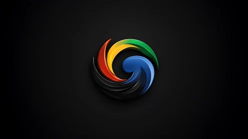 Vibrant swirling emblem glows against deep black background