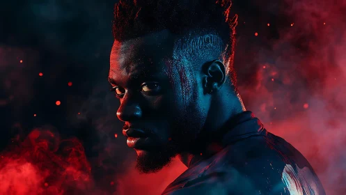 Side-lit male portrait in red and blue atmospheric haze.