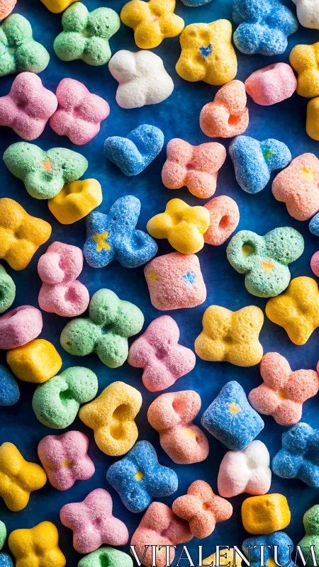 Colorful sugar-coated candy pieces scattered across blue surface background