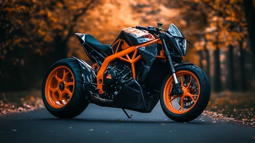 Hyper-styled orange streetfighter motorcycle in autumn avenue.