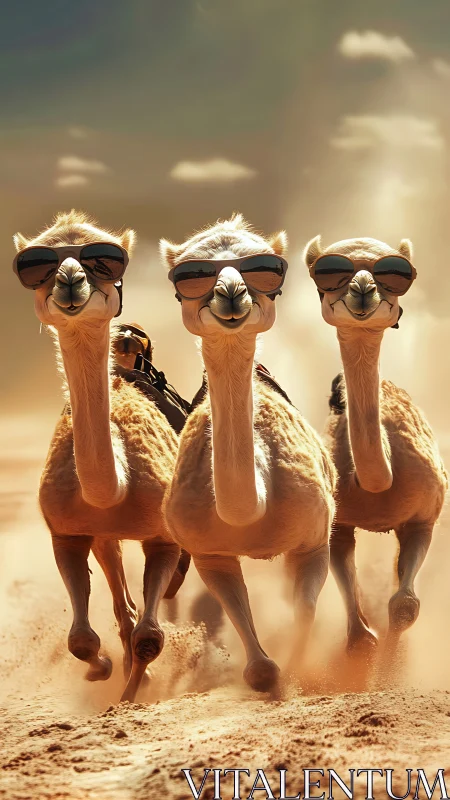 Triadic camel sprint with mirrored sunglasses and desert dust plume.