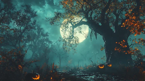 Full moon over eerie forest with glowing jack o lanterns.