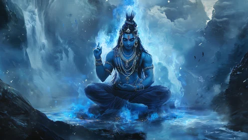 Blue ascetic deity in luminous glacial environment meditates