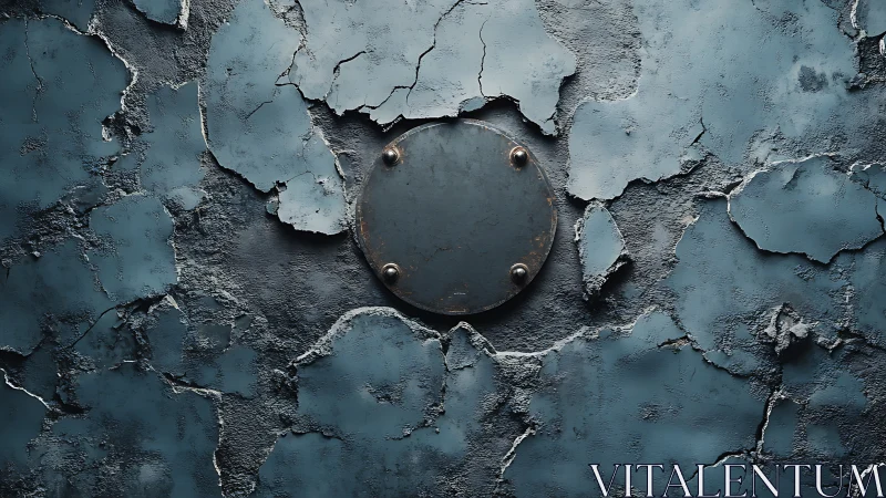 Round metal hatch set in cracked blue painted concrete wall
