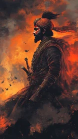 Digital painting of warrior in emberswept atmospheric profile.