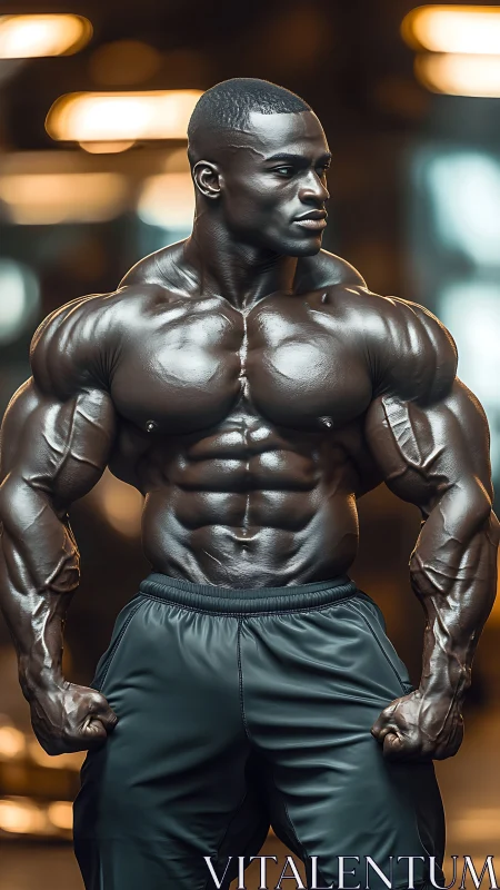 Titan of steel sinew poses beneath molten gym lights.